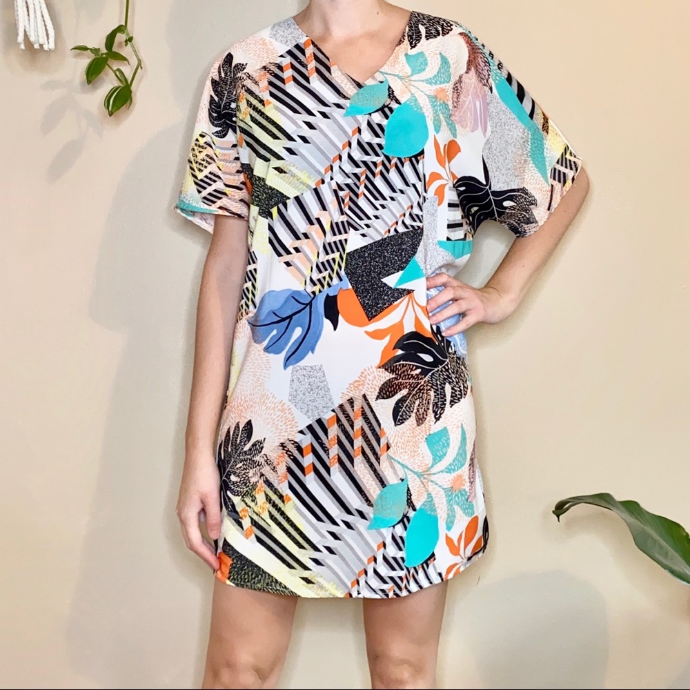 Bar III Multicolor Abstract Floral Mini Dress - White, Teal, Orange, Blue, Black